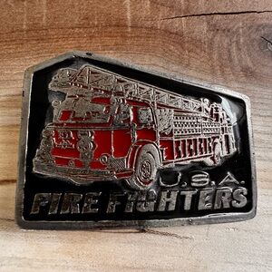 Vintage USA Firefighter Belt Buckle with Red Fire Truck Design